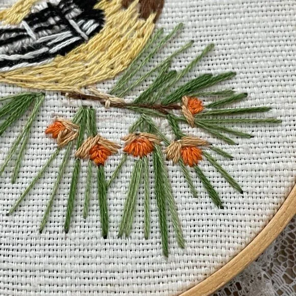 Handmade Birds Embroidery Hoop Art Wall Hanging Lace Needlepoint Sparrow Finch - Picture 10 of 13